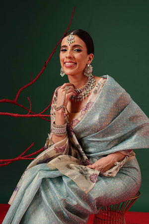 Turquoise Floral Printed Tissue Saree