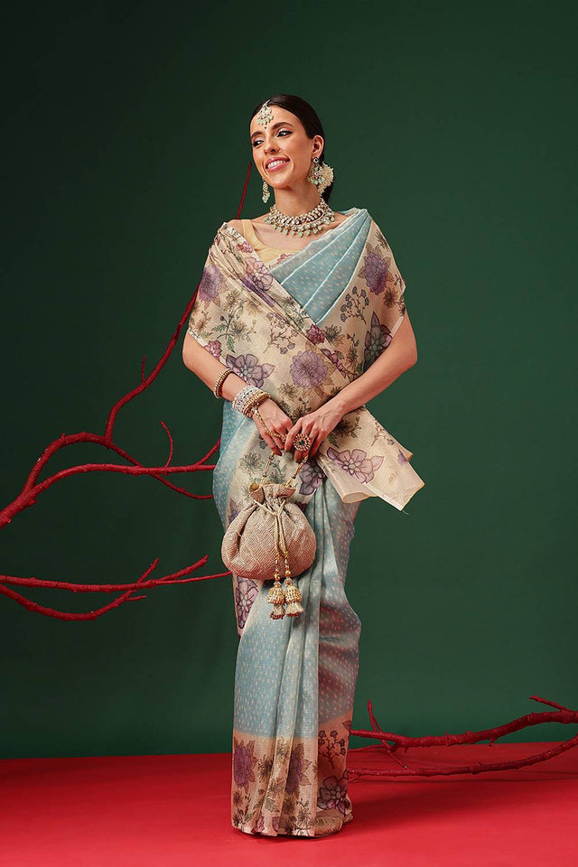 Turquoise Floral Printed Tissue Saree