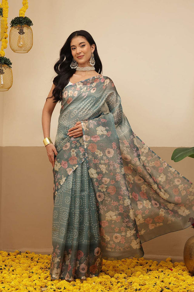 Blue Floral Printed Tissue Saree (SZ-DGROSE9-BU-3126)