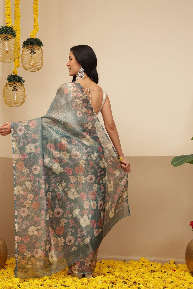 Blue Floral Printed Tissue Saree (SZ-DGROSE9-BU-3126)
