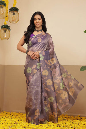 Lavender Floral Printed Tissue Saree (SZ-DGROSE9-LV-3127)