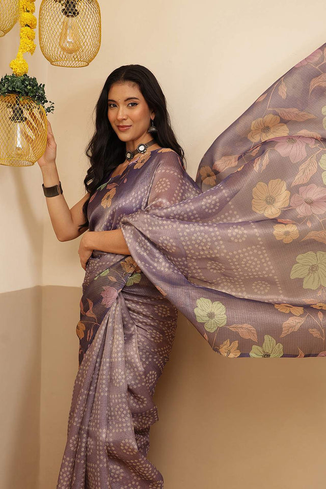 Lavender Floral Printed Tissue Saree (SZ-DGROSE9-LV-3127)