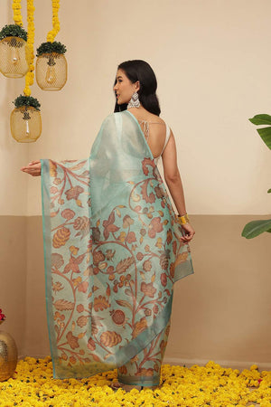 Turquoise Floral Printed Tissue Saree (SZ-DGROSE9-TL-3128)