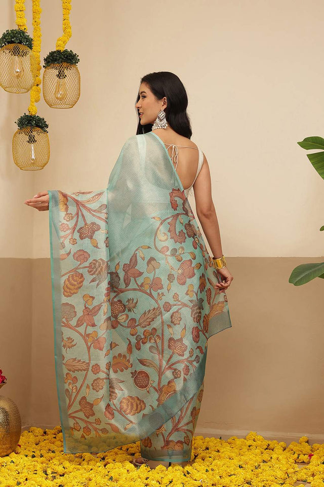 Turquoise Floral Printed Tissue Saree (SZ-DGROSE9-TL-3128)