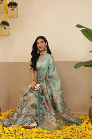 Turquoise Floral Printed Tissue Saree (SZ-DGROSE9-TL-3128)