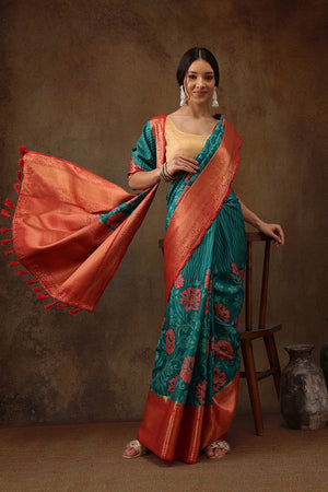 Teal Kanjeevaram Silk Floral Saree