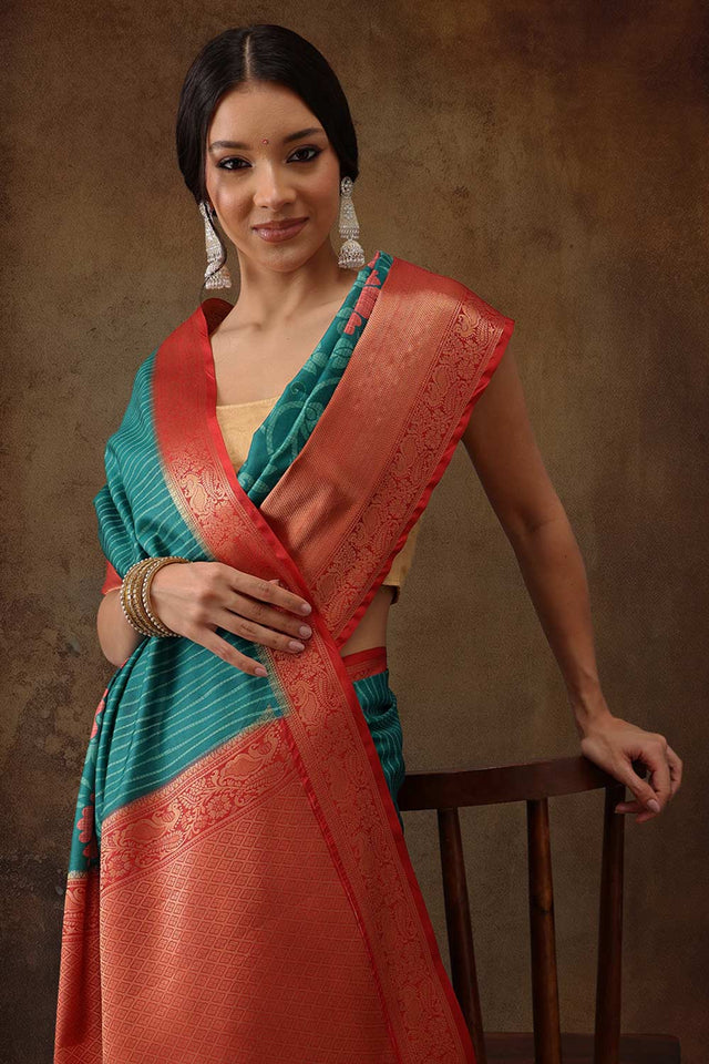 Teal Kanjeevaram Silk Floral Saree