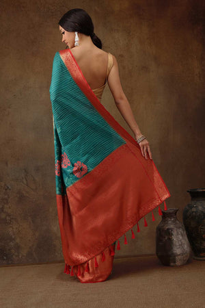Teal Kanjeevaram Silk Floral Saree