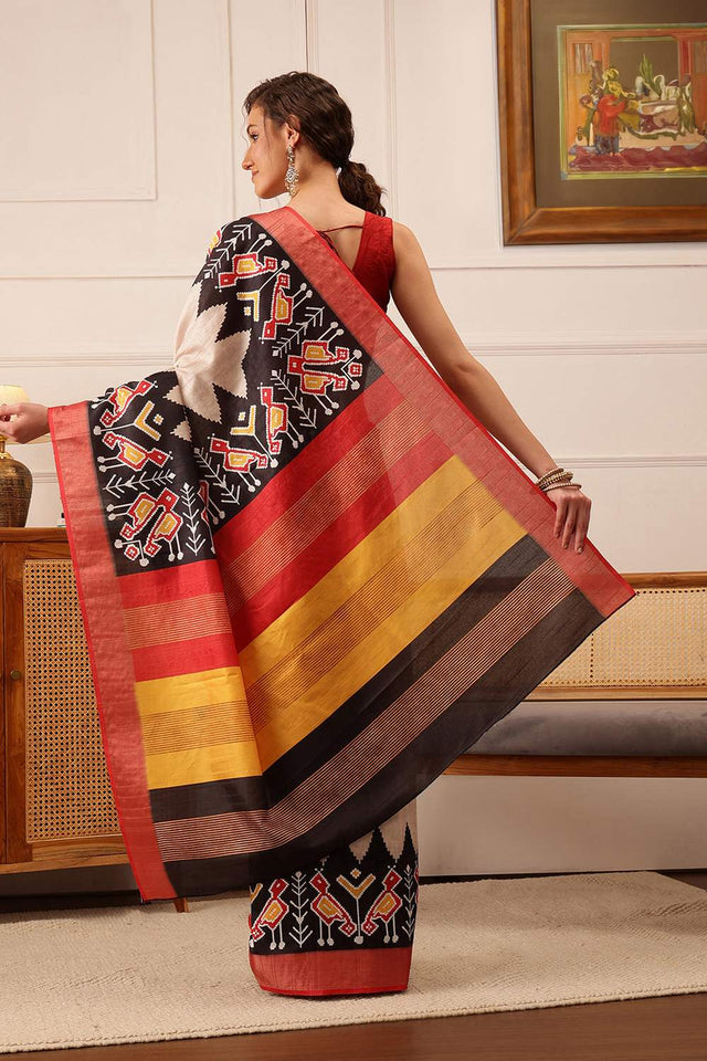 Beige Ikat Printed Silk Saree