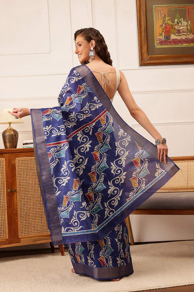 Blue Floral Printed Silk Saree