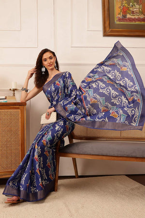 Blue Floral Printed Silk Saree