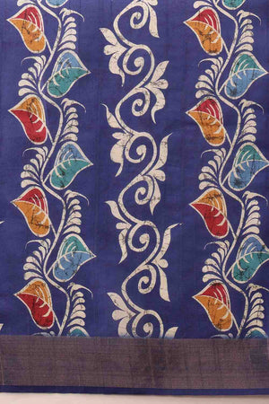 Blue Floral Printed Silk Saree