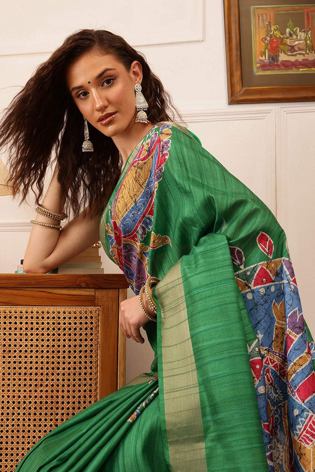 Green Floral Printed Silk Saree