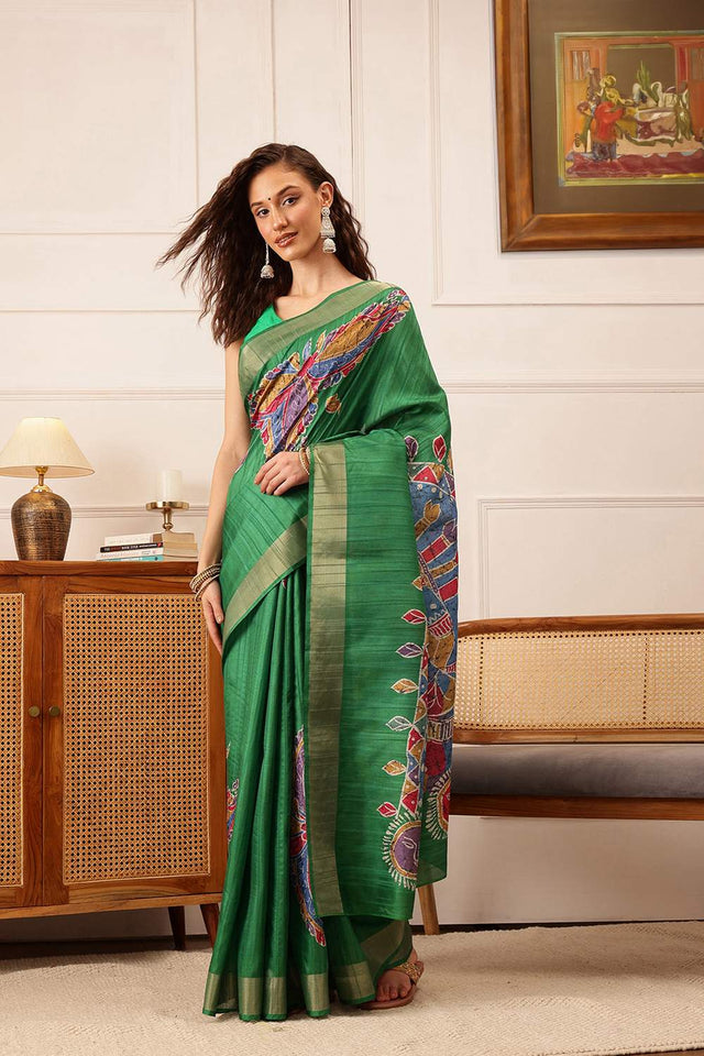 Green Floral Printed Silk Saree