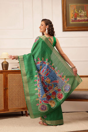 Green Floral Printed Silk Saree