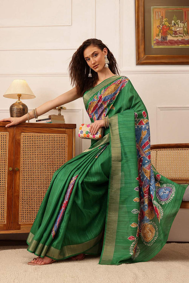 Green Floral Printed Silk Saree