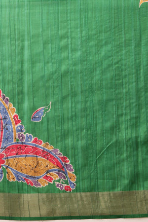 Green Floral Printed Silk Saree