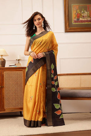 Mustard Floral Printed Silk Saree