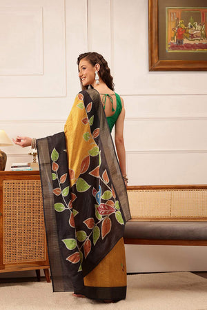 Mustard Floral Printed Silk Saree