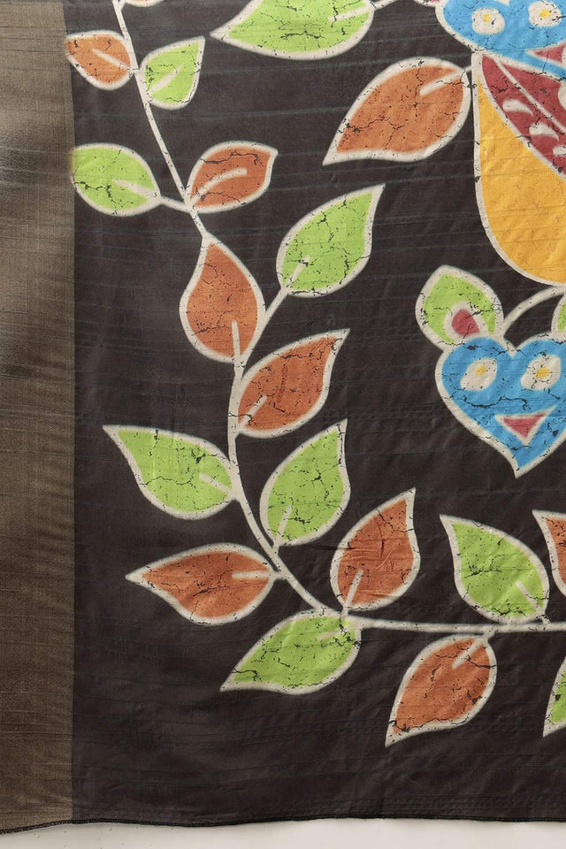 Mustard Floral Printed Silk Saree