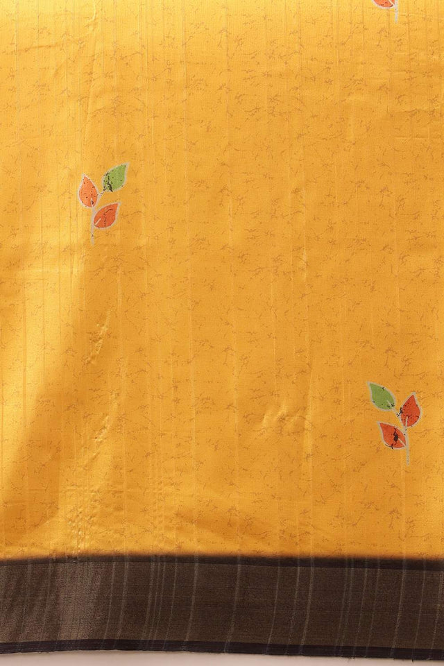 Mustard Floral Printed Silk Saree