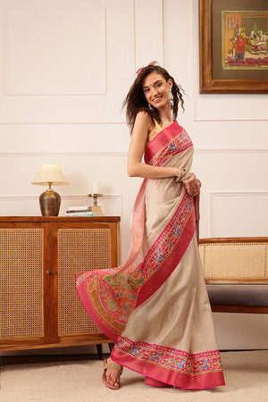 Beige Floral Printed Silk Saree
