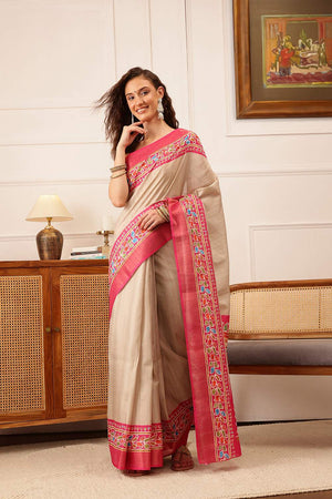 Beige Floral Printed Silk Saree