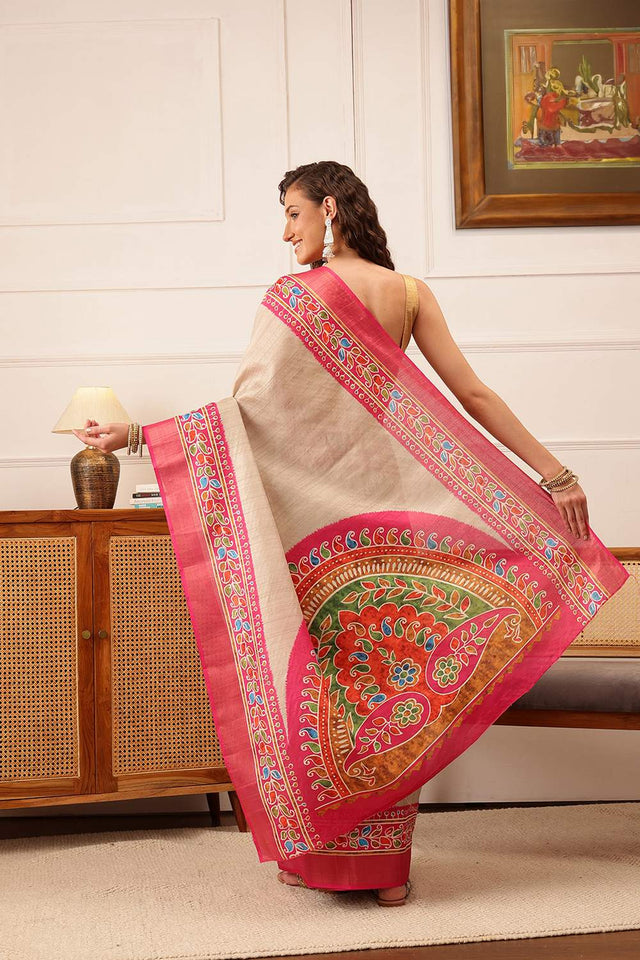 Beige Floral Printed Silk Saree