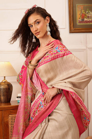 Beige Floral Printed Silk Saree