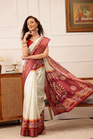 White Floral Printed Silk Saree