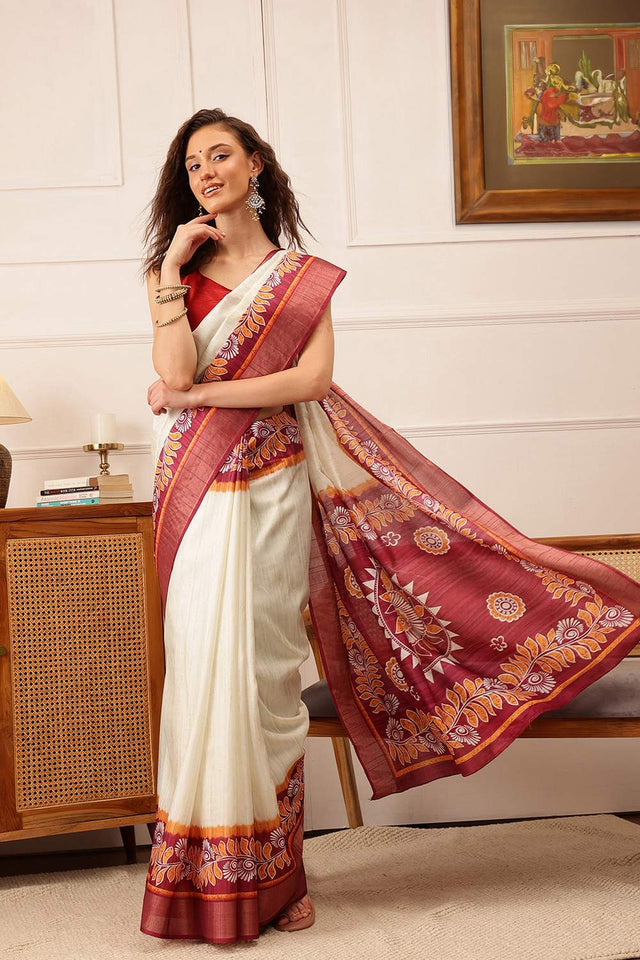 White Floral Printed Silk Saree