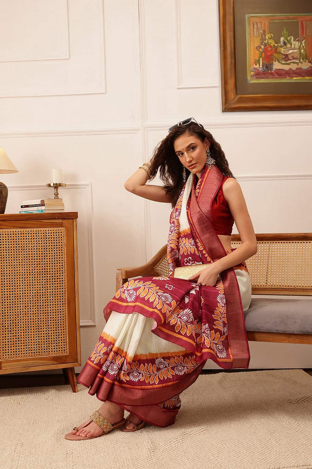 White Floral Printed Silk Saree