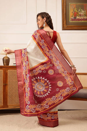 White Floral Printed Silk Saree