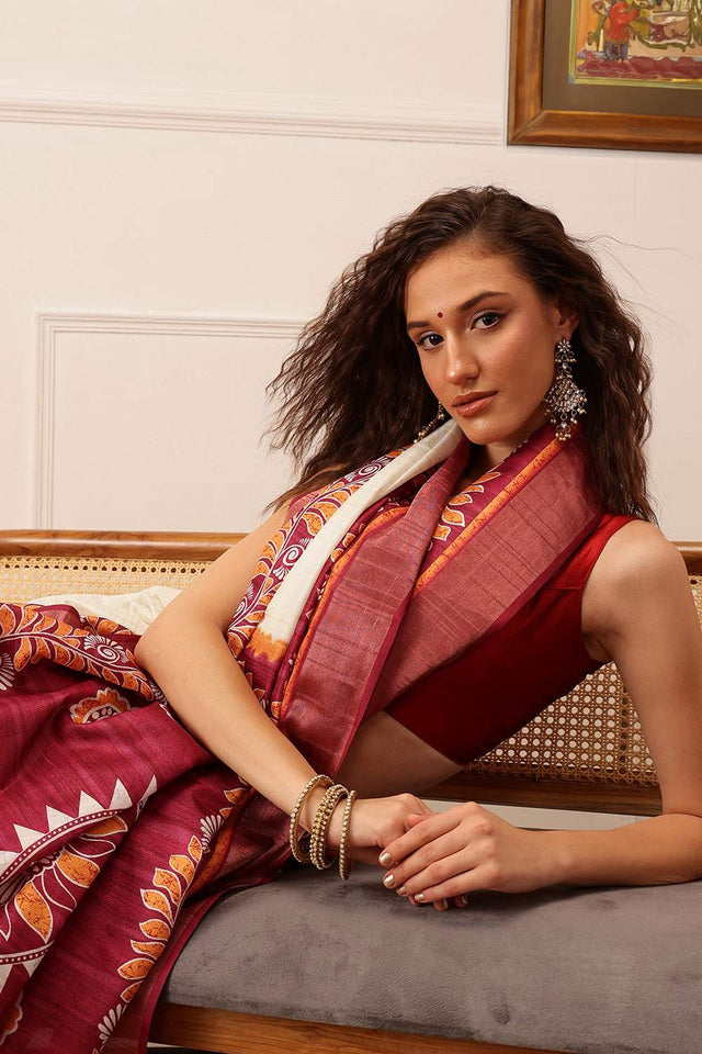 White Floral Printed Silk Saree