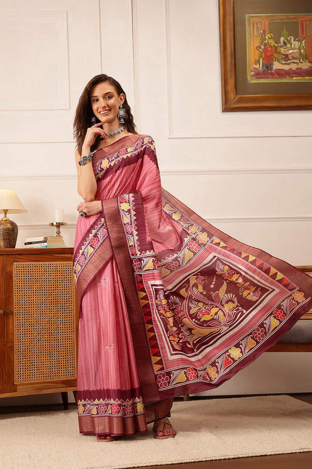 Pink Floral Printed Silk Saree