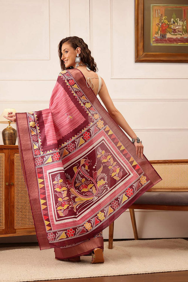 Pink Floral Printed Silk Saree