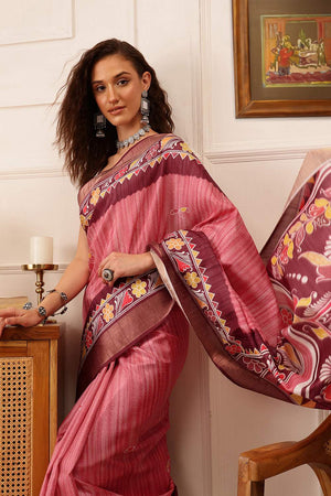 Pink Floral Printed Silk Saree