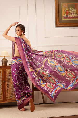 Violet Paisley Printed Silk Saree