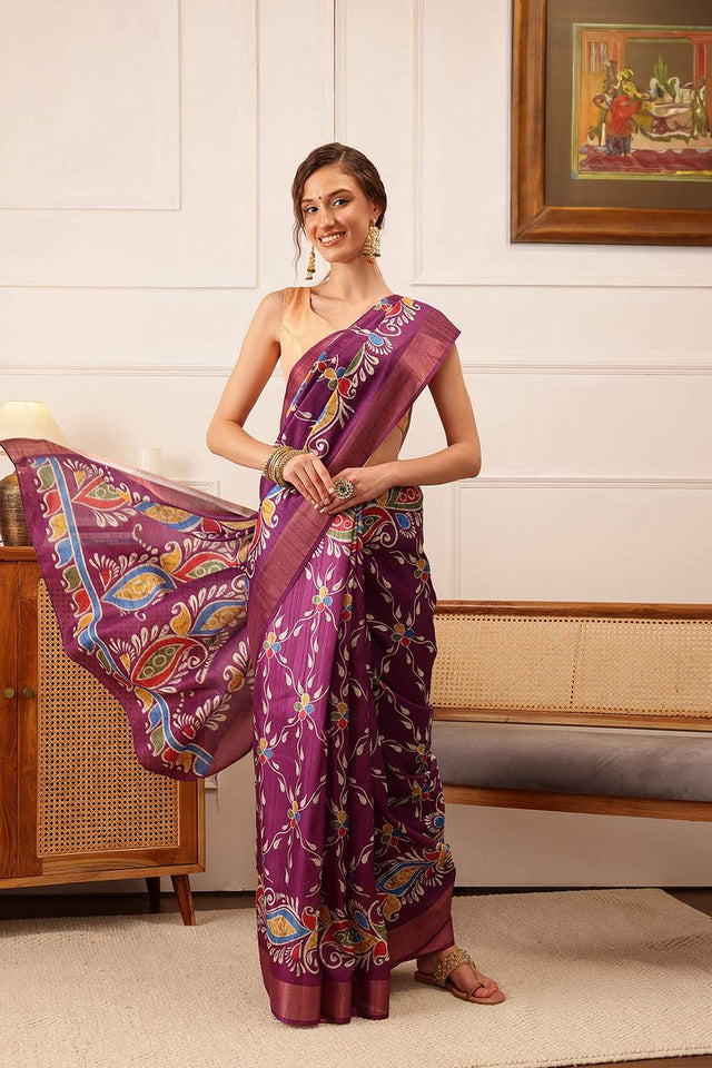 Violet Paisley Printed Silk Saree