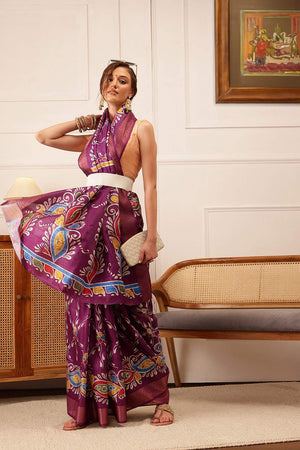 Violet Paisley Printed Silk Saree