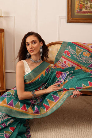 Turquoise Floral Printed Silk Saree