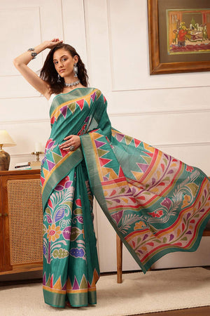 Turquoise Floral Printed Silk Saree