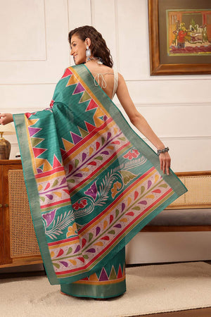 Turquoise Floral Printed Silk Saree
