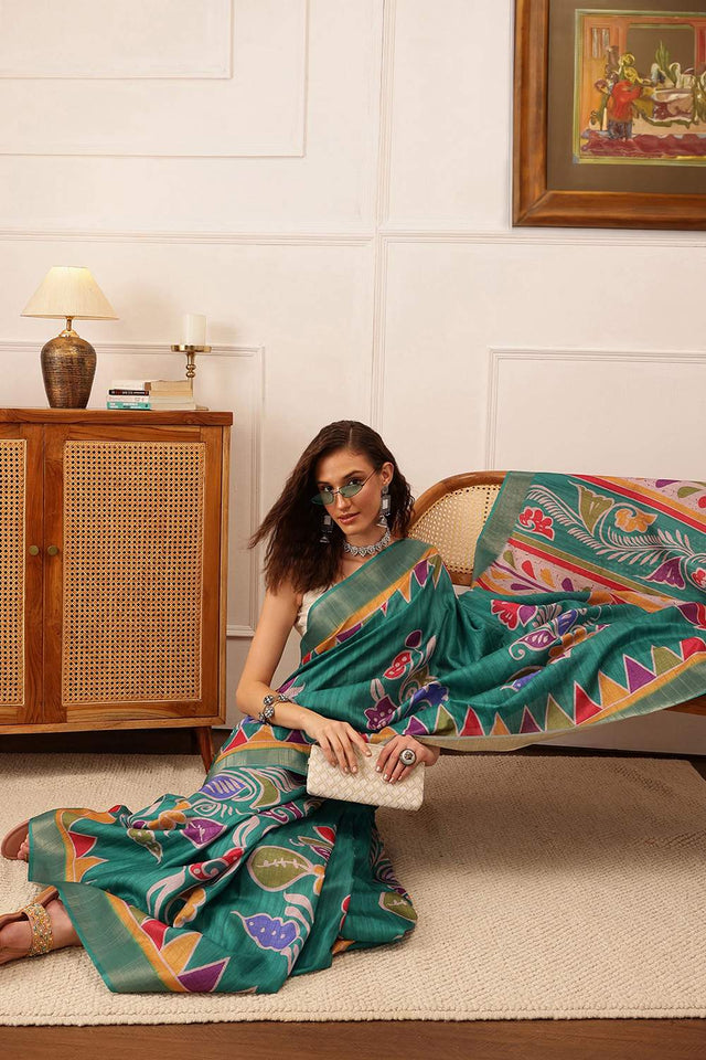 Turquoise Floral Printed Silk Saree