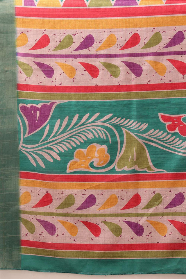 Turquoise Floral Printed Silk Saree