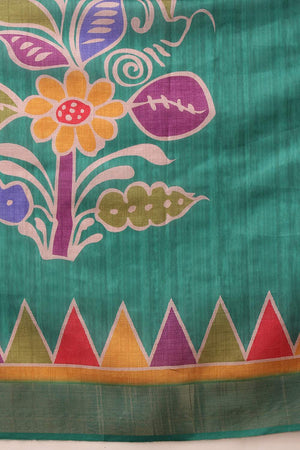 Turquoise Floral Printed Silk Saree