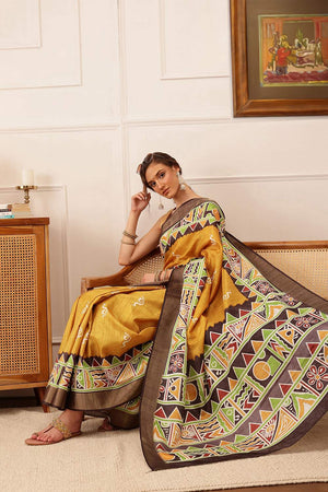 Yellow Warli Printed Silk Saree