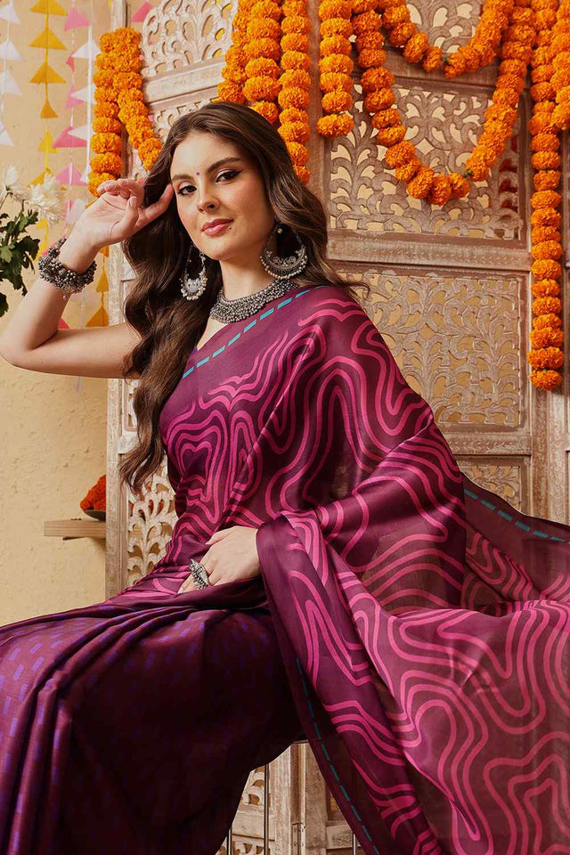 Violet Printed Satin Saree