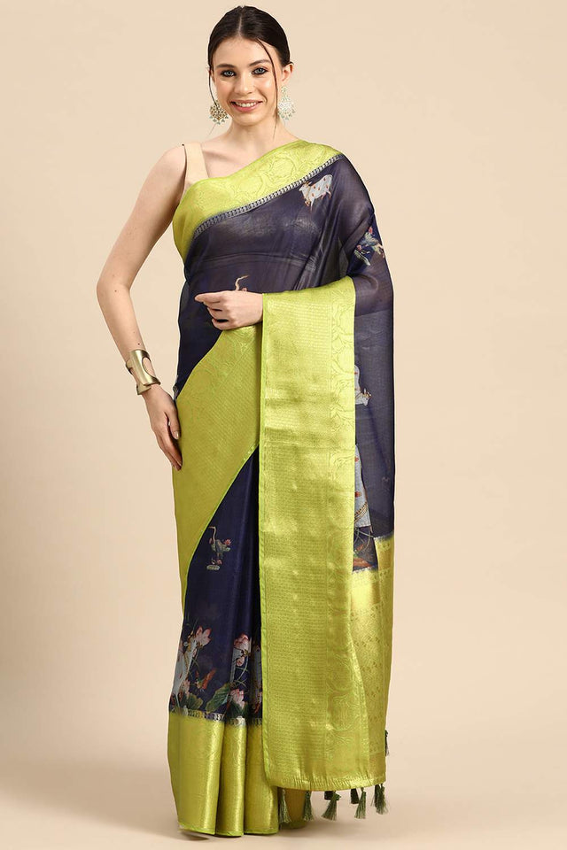Navy Blue Animal Printed Silk Saree