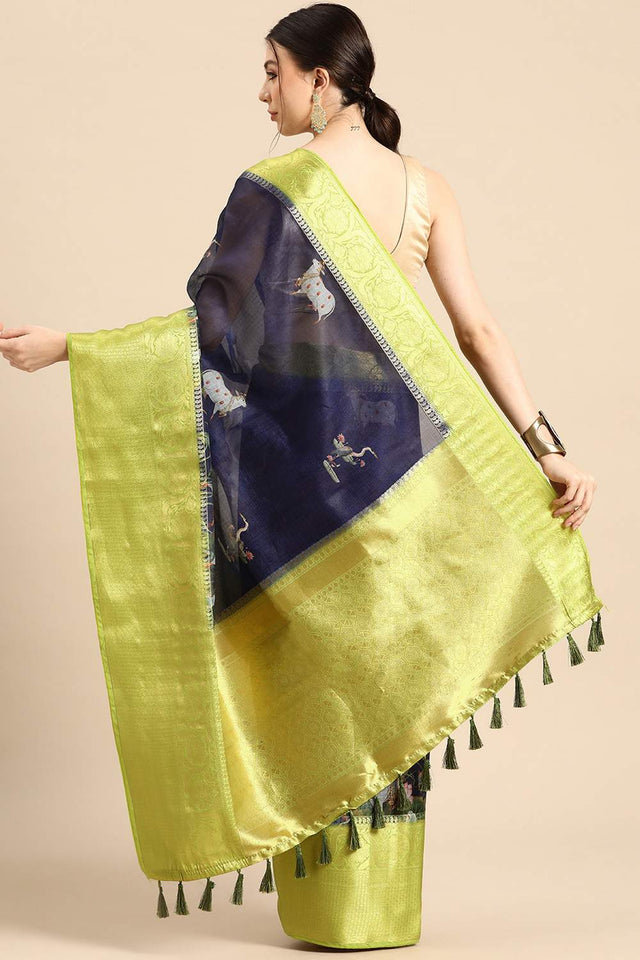 Navy Blue Animal Printed Silk Saree